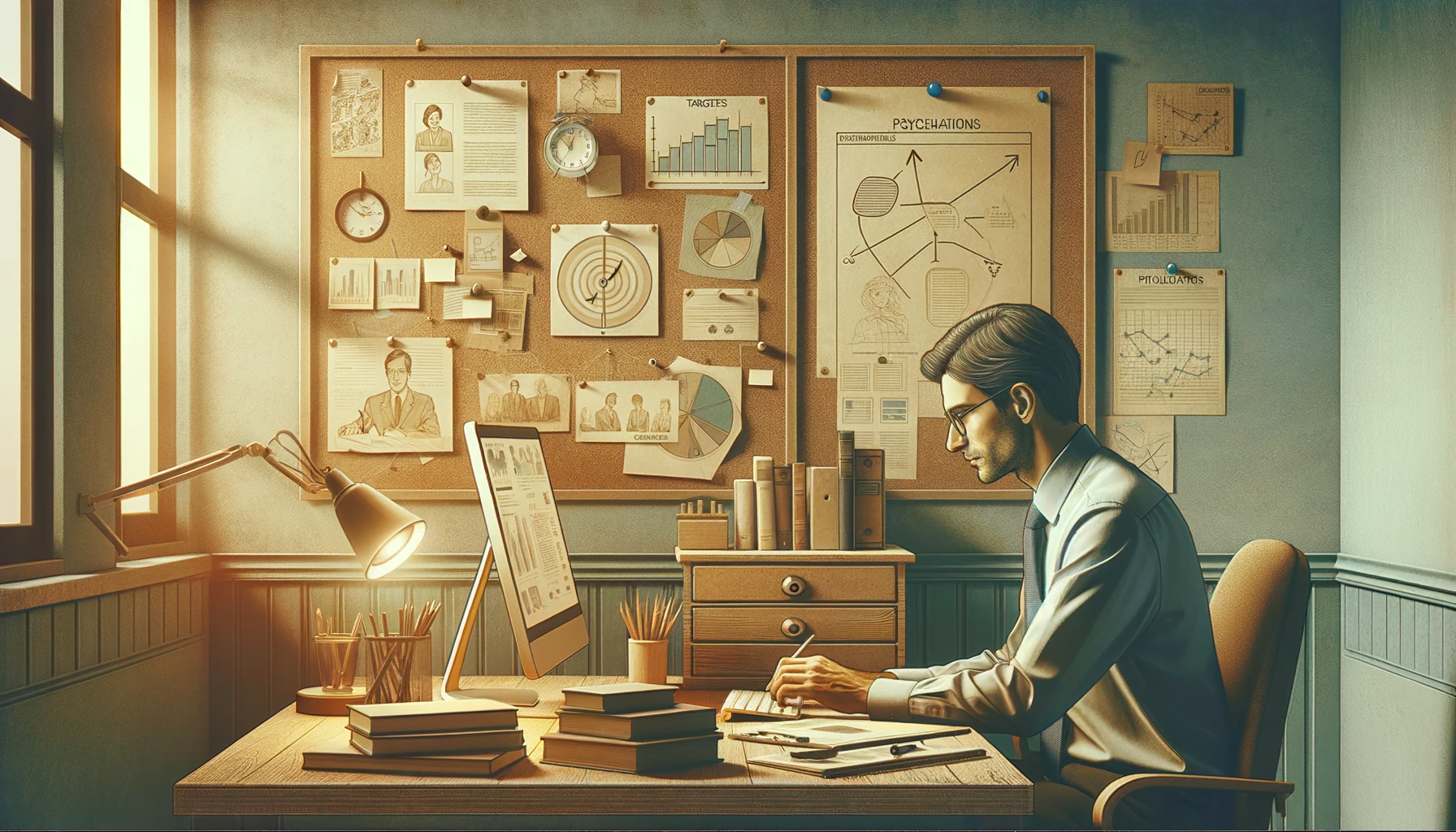 Illustrazione delle fasi di un progetto di psicologia, con una persona al lavoro su un computer in un ambiente classico